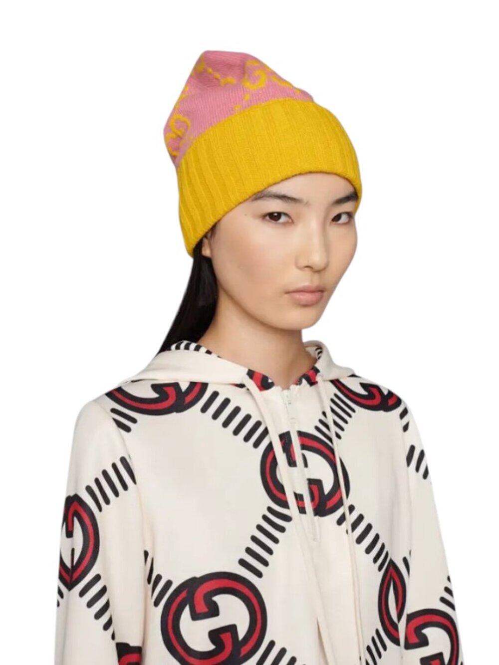 Gucci GG Logo Wool Beanie Hat Womens Medium Pink Yellow Rib Knit Jacquard MINT